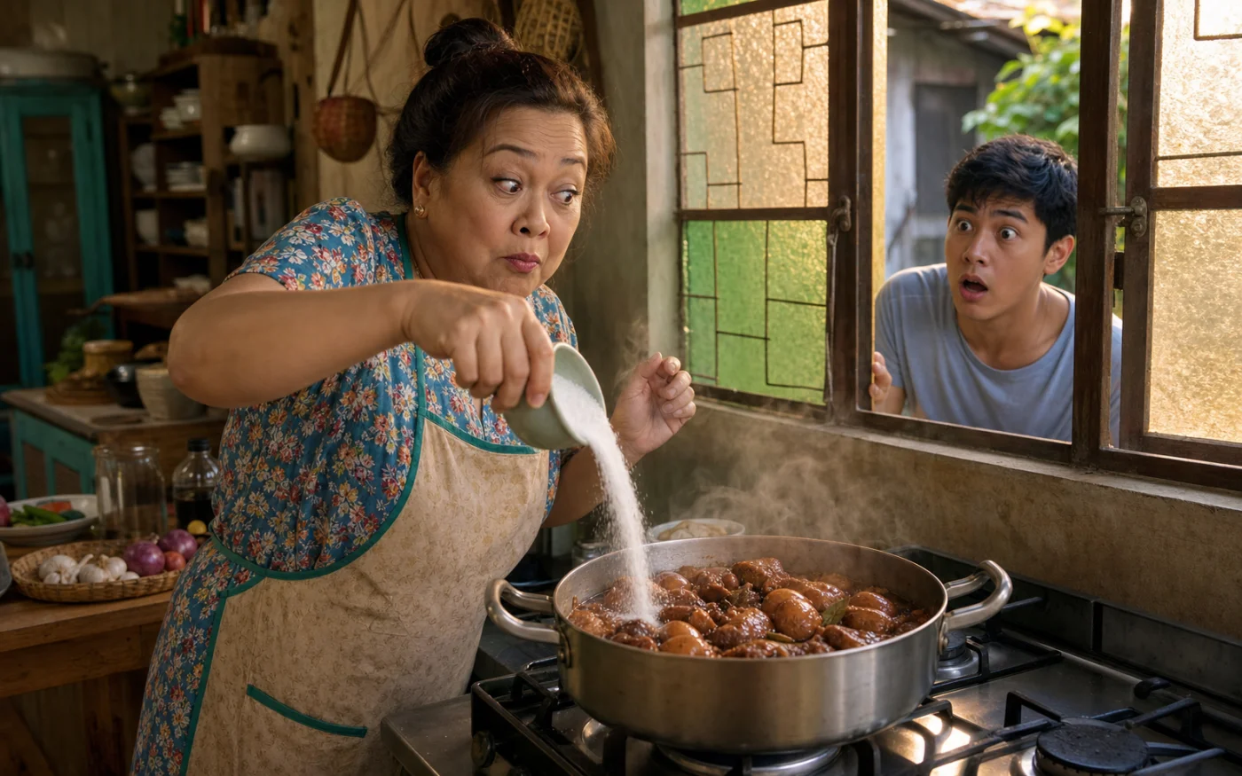 In a warm provincial kitchen, a Filipina cook pours an alarming stream of salt into a steaming pot of adobo as her wide-eyed teenage nephew watches through a capiz window.