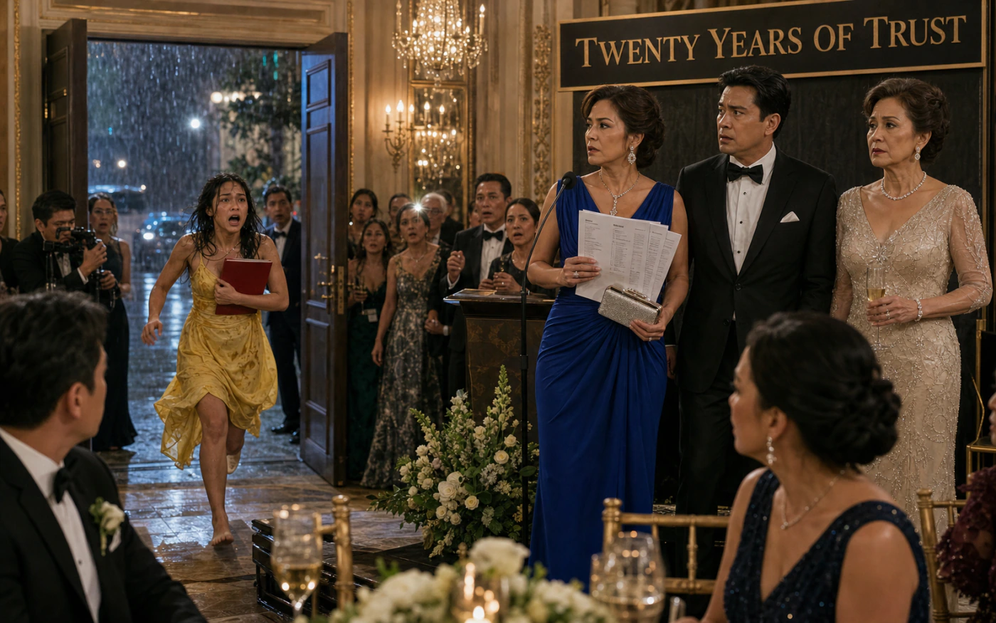 At a formal anniversary gala, a woman holds bank records at a microphone as her husband watches and a rain-soaked teenage girl enters carrying a red folder.