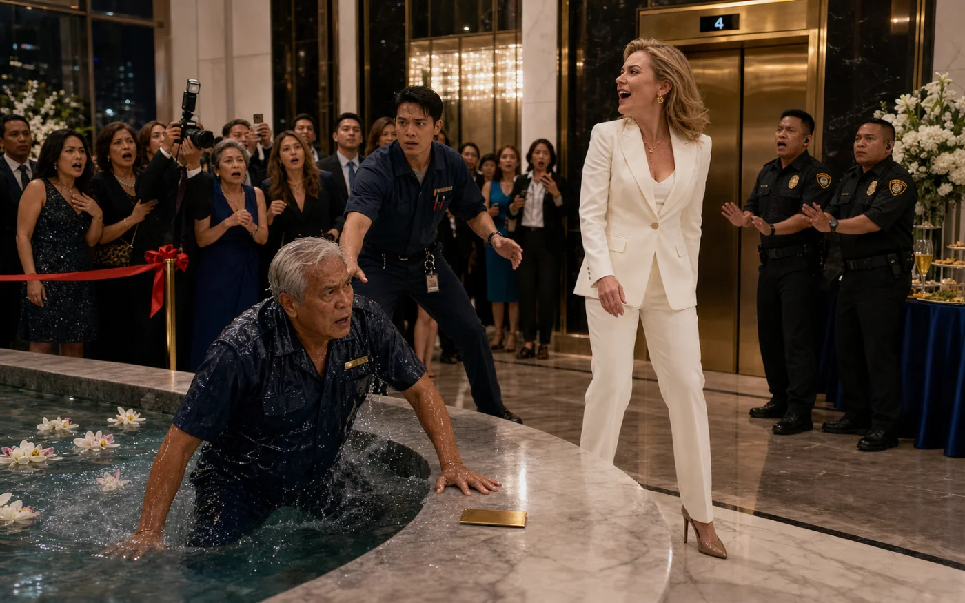 In a gleaming high-rise lobby, an elderly Filipino building worker climbs from an orchid-filled fountain as his white-suited boss laughs, his elevator-technician son moves to help, and startled guests watch.