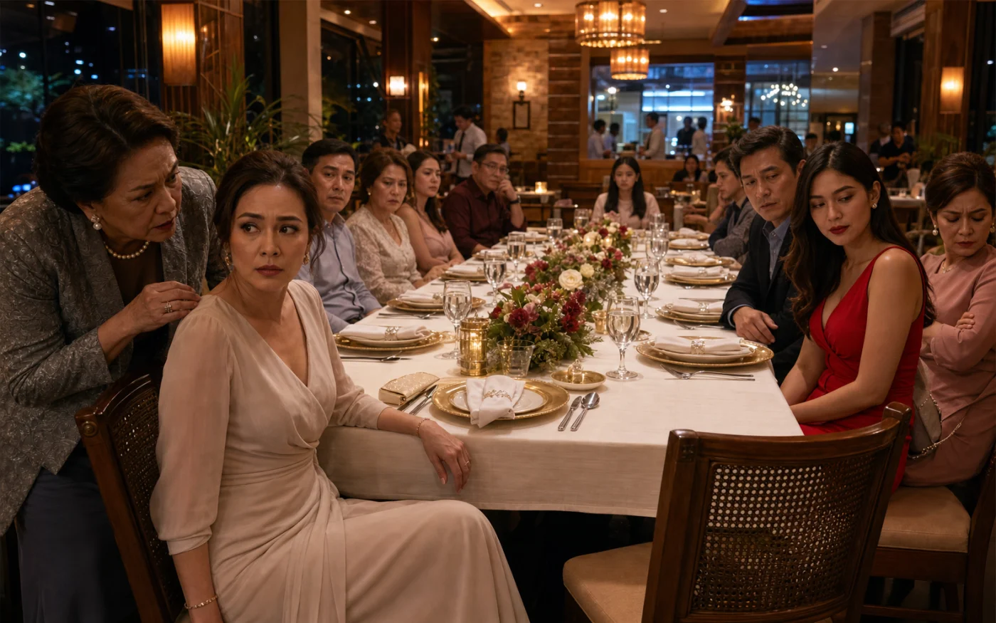At a long anniversary table in a Filipino restaurant, an older woman whispers to a poised wife while the husband sits beside a younger woman in a red dress and relatives look away.