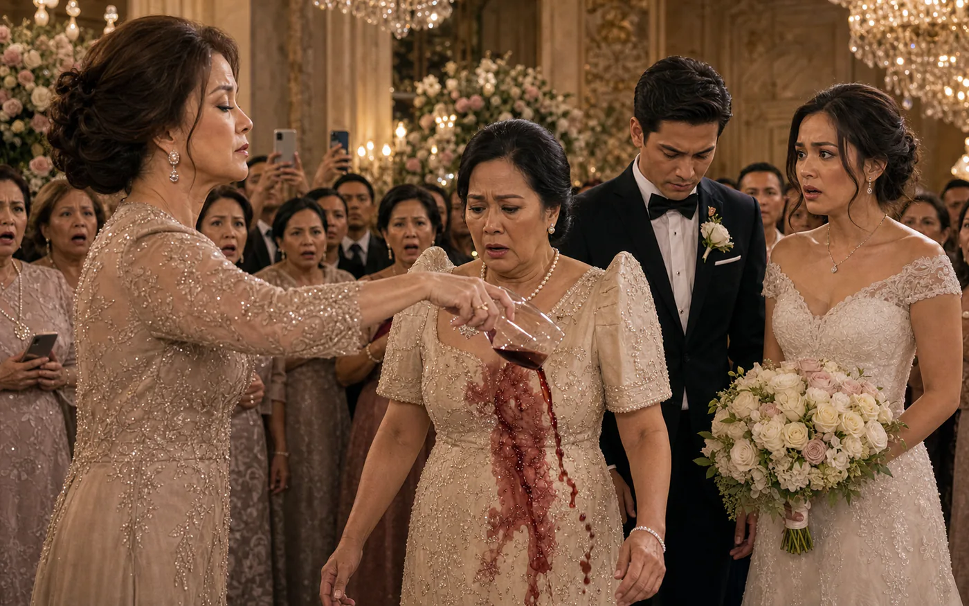 At a lavish wedding, a wealthy older woman pours red wine onto another woman's beaded terno as the bride reacts and the groom looks down.