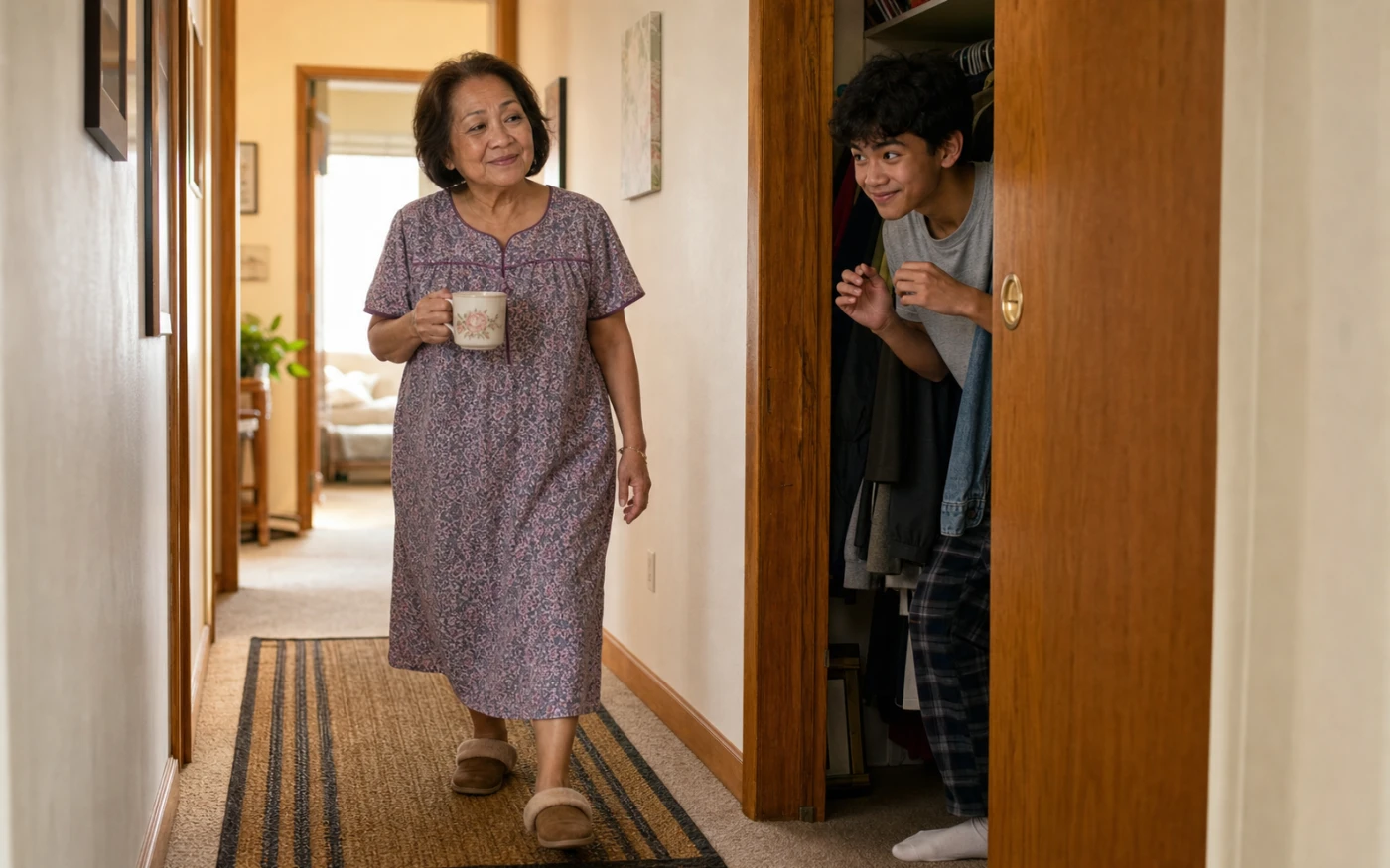 An older Filipina carrying coffee approaches a hallway rug while her teenage grandson hides mischievously inside a coat closet.