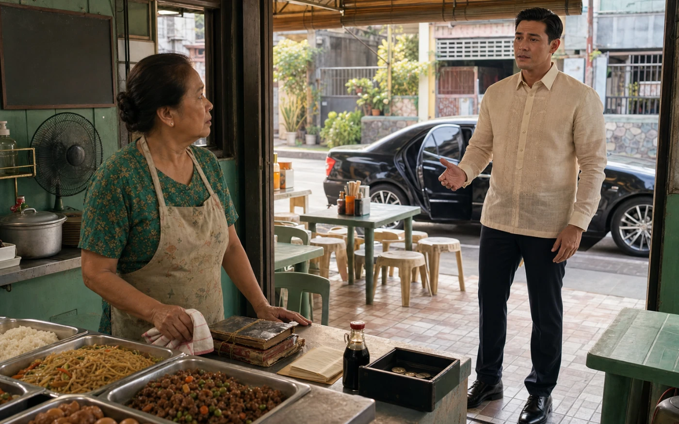 An older Filipina carinderia owner stands beside worn notebooks and a nearly empty cash drawer as a man in a barong enters from a black car.