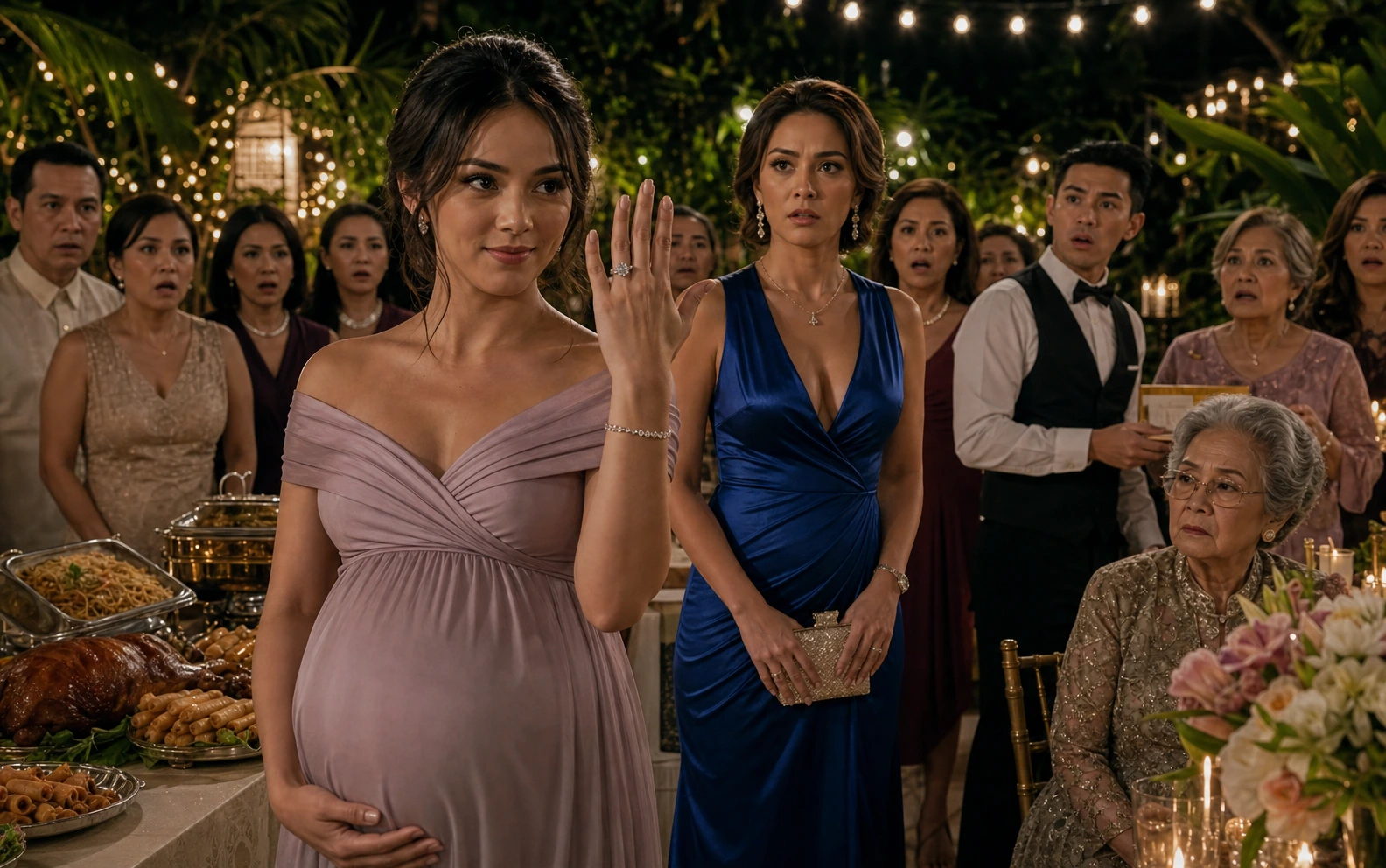 A composed woman at her own engagement party watches her younger sister arrive late, visibly pregnant, wearing a family heirloom ring.