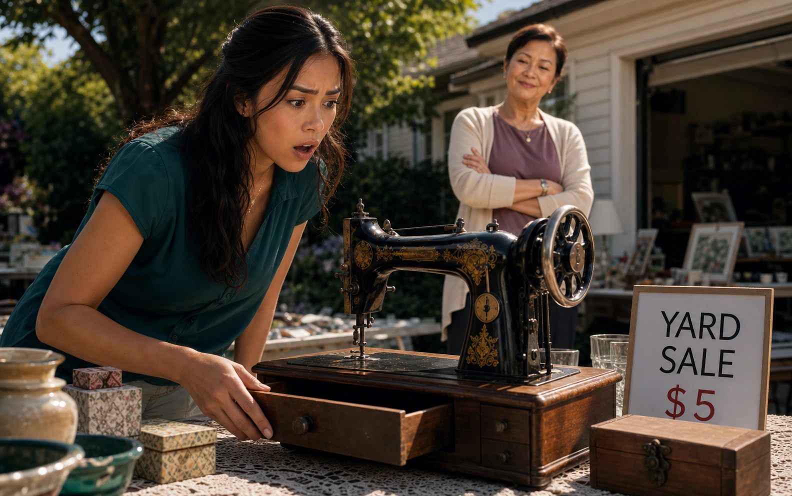 A shocked young woman slides open the drawer of an antique sewing machine at a five-dollar yard sale.