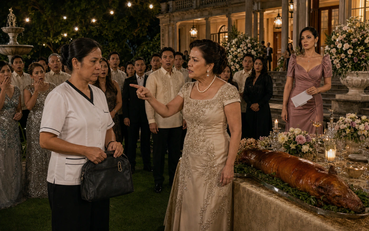 At a lavish estate garden party, an older Filipina caterer holds a worn black handbag while an elegant matriarch points at her and shocked guests watch.