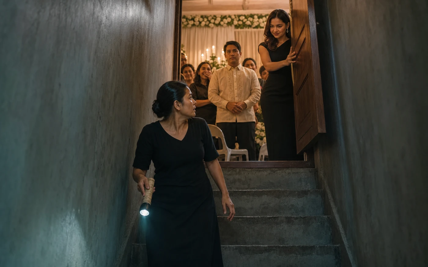 At a flower-lined family wake, a woman holding a flashlight looks back from basement stairs as her elegantly dressed sister reaches for the door bolt and relatives watch.